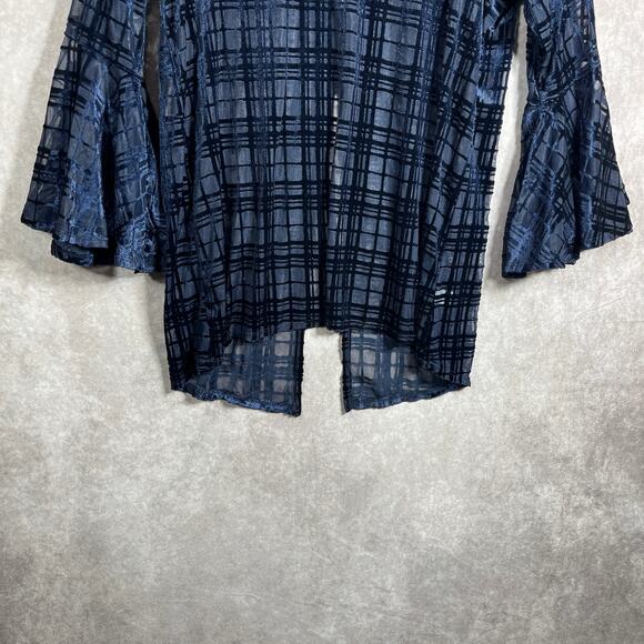 LC Lauren Conrad Runway Blouse Womens Medium Navy Blue Plaid‎ Sheer Bell Sleeve - Picture 3 of 10